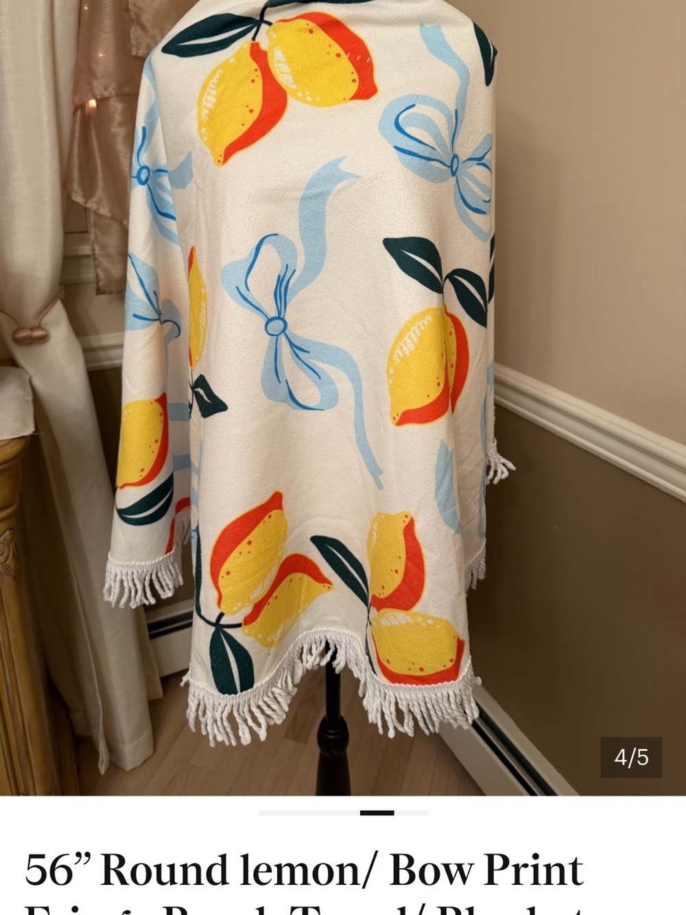 56" Round lemon/ Bow Print
Fringe Beach Towel/ Blanket -
NWOT ( I have 2 ) - Picture 3 of 3